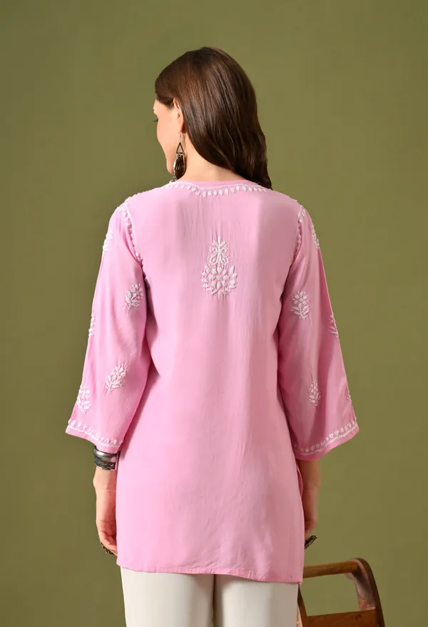 Syrish_Women's_Pink_Hand_Embroidered_Lucknow_Chikankari_Rayon_Straight_Kurti