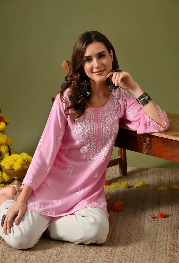 Syrish_Women's_Pink_Hand_Embroidered_Lucknow_Chikankari_Rayon_Straight_Kurti