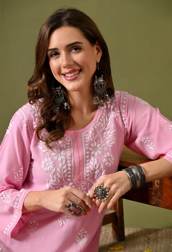 Syrish_Women's_Pink_Hand_Embroidered_Lucknow_Chikankari_Rayon_Straight_Kurti
