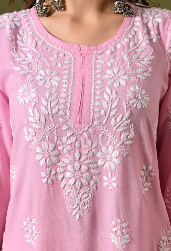 Syrish_Women's_Pink_Hand_Embroidered_Lucknow_Chikankari_Rayon_Straight_Kurti