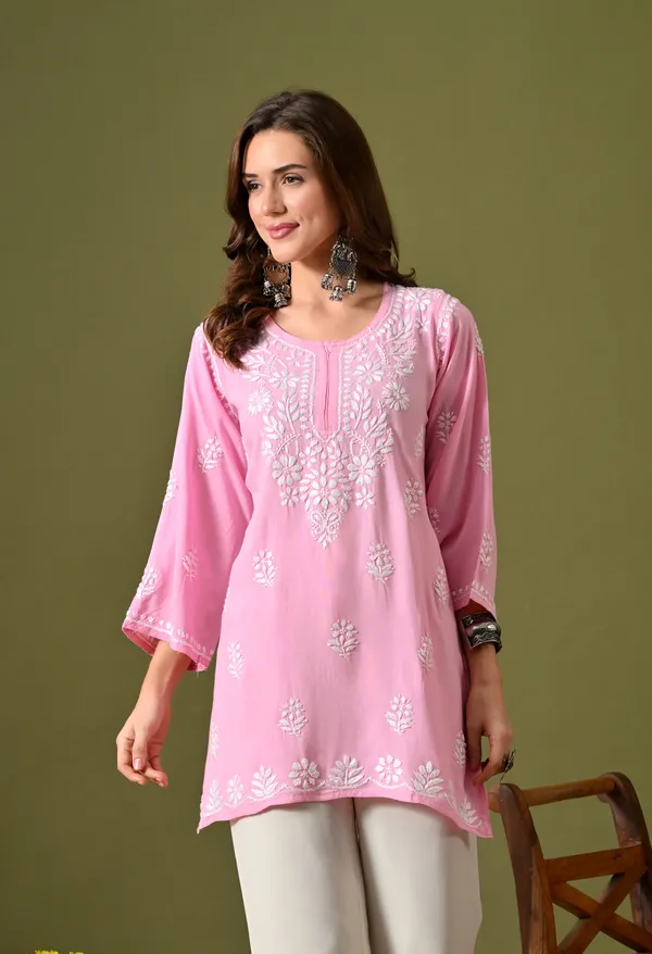 Syrish_Women's_Pink_Hand_Embroidered_Lucknow_Chikankari_Rayon_Straight_Kurti
