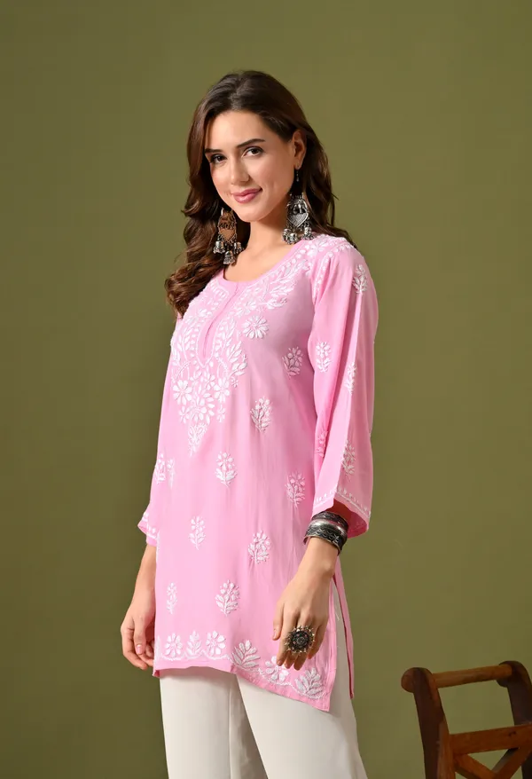 Syrish_Women's_Pink_Hand_Embroidered_Lucknow_Chikankari_Rayon_Straight_Kurti