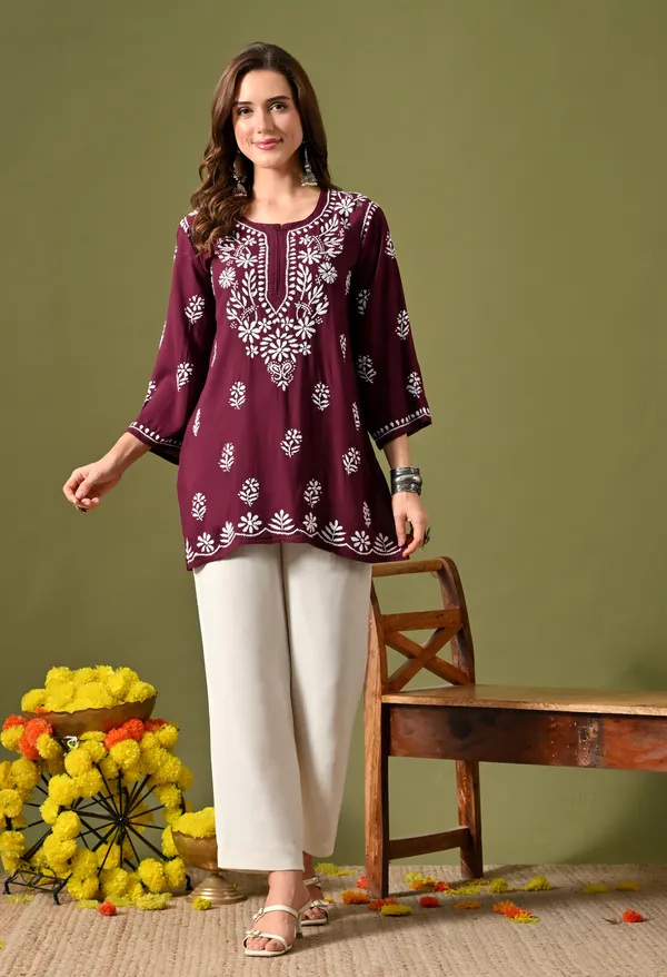 Syrish_Women's_Wine_Hand_Embroidered_Lucknow_Chikankari_Rayon_Straight_Kurti