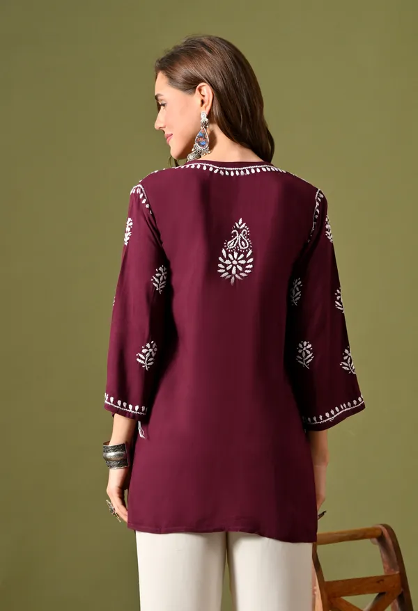 Syrish_Women's_Wine_Hand_Embroidered_Lucknow_Chikankari_Rayon_Straight_Kurti