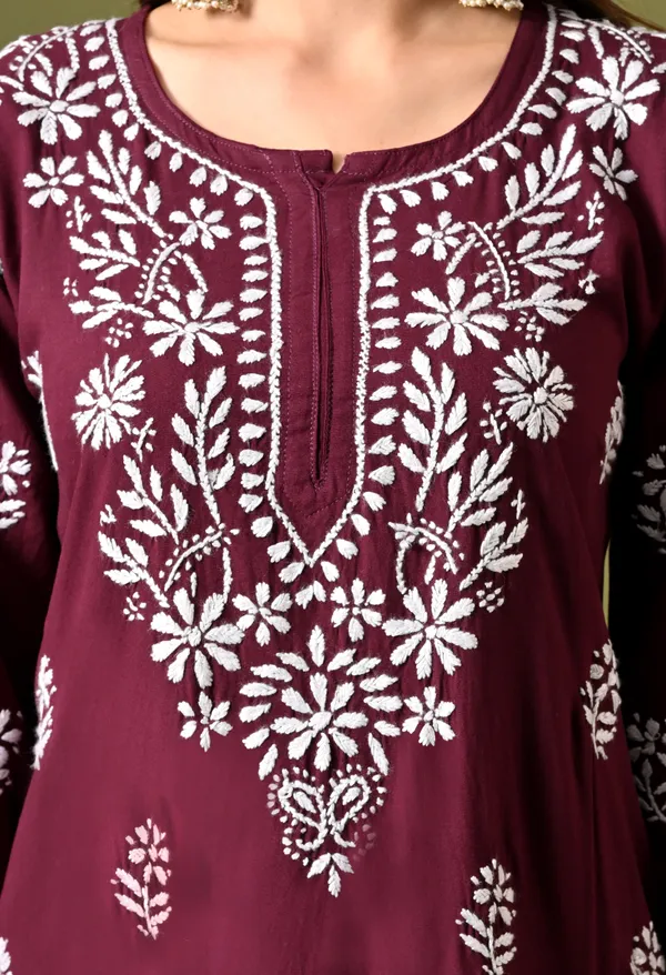 Syrish_Women's_Wine_Hand_Embroidered_Lucknow_Chikankari_Rayon_Straight_Kurti