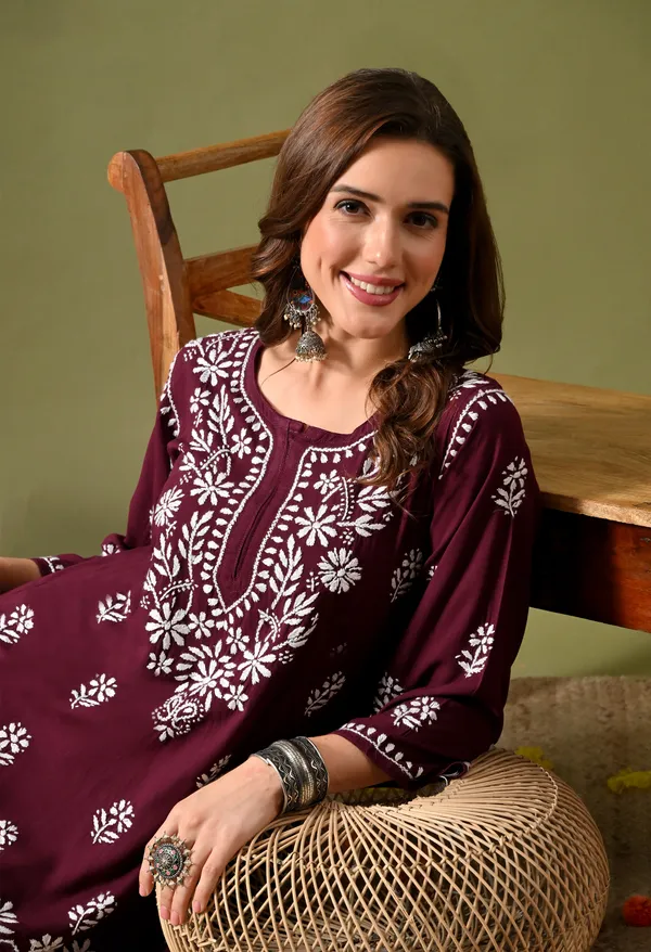 Syrish_Women's_Wine_Hand_Embroidered_Lucknow_Chikankari_Rayon_Straight_Kurti