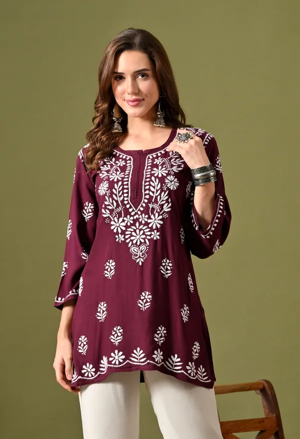 Syrish_Women's_Wine_Hand_Embroidered_Lucknow_Chikankari_Rayon_Straight_Kurti