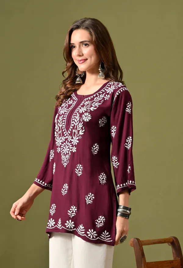 Syrish_Women's_Wine_Hand_Embroidered_Lucknow_Chikankari_Rayon_Straight_Kurti