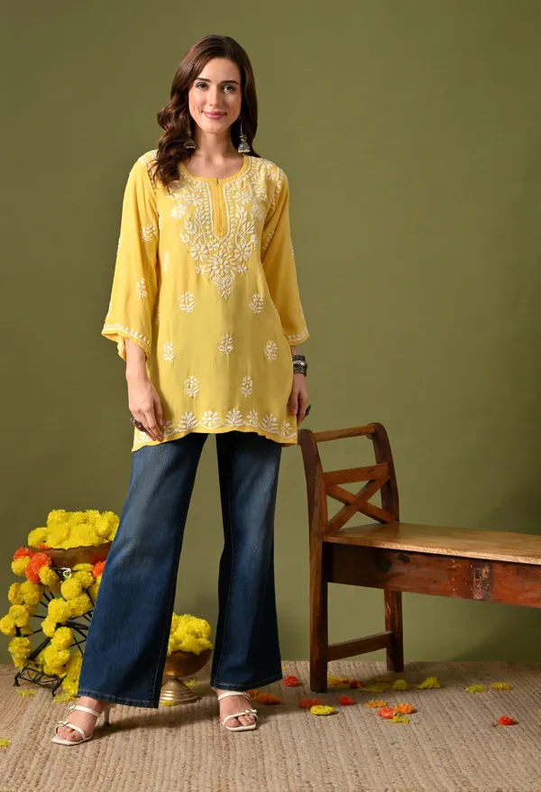 Syrish_Women's_Yellow_Hand_Embroidered_Lucknow_Chikankari_Rayon_Straight_Kurti