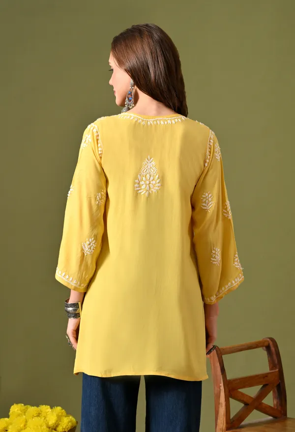 Syrish_Women's_Yellow_Hand_Embroidered_Lucknow_Chikankari_Rayon_Straight_Kurti