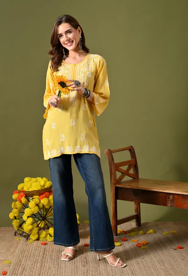 Syrish_Women's_Yellow_Hand_Embroidered_Lucknow_Chikankari_Rayon_Straight_Kurti