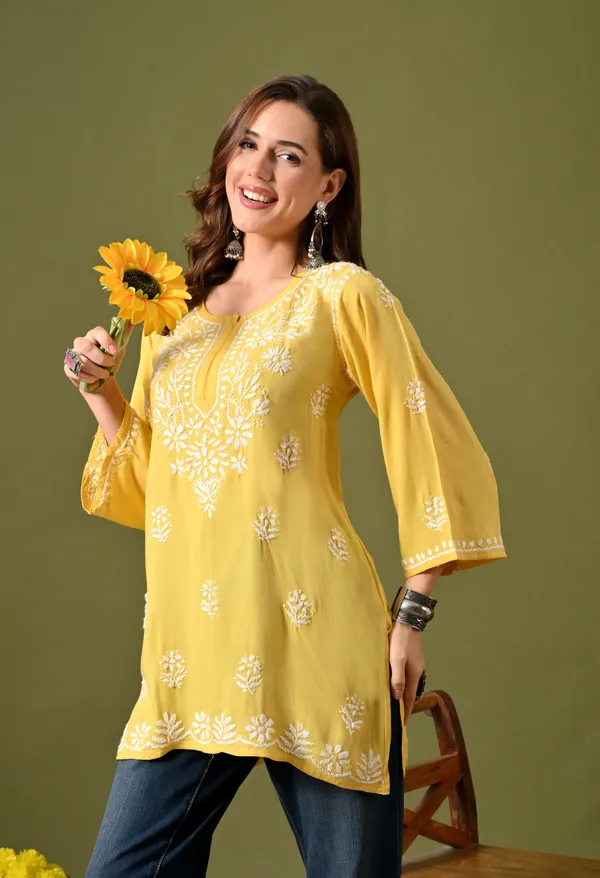 Syrish_Women's_Yellow_Hand_Embroidered_Lucknow_Chikankari_Rayon_Straight_Kurti