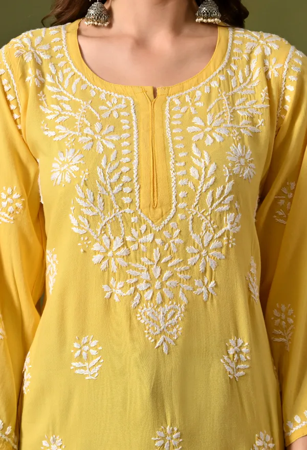 Syrish_Women's_Yellow_Hand_Embroidered_Lucknow_Chikankari_Rayon_Straight_Kurti