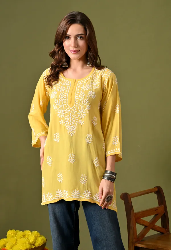 Syrish_Women's_Yellow_Hand_Embroidered_Lucknow_Chikankari_Rayon_Straight_Kurti
