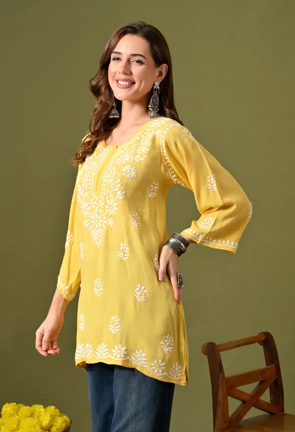 Syrish_Women's_Yellow_Hand_Embroidered_Lucknow_Chikankari_Rayon_Straight_Kurti