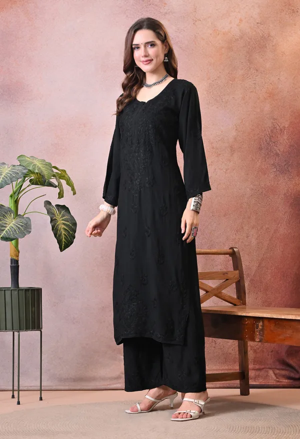 Syrish_Hand_Embroidered_Chikankari_Rayon_Kurta_Pant_Set_Black