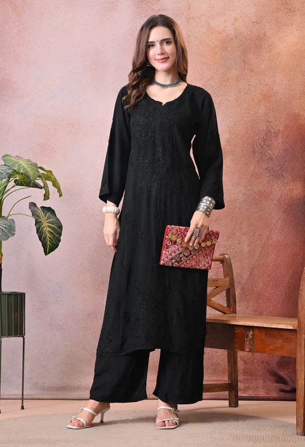Syrish_Hand_Embroidered_Chikankari_Rayon_Kurta_Pant_Set_Black