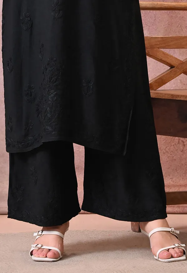 Syrish_Hand_Embroidered_Chikankari_Rayon_Kurta_Pant_Set_Black