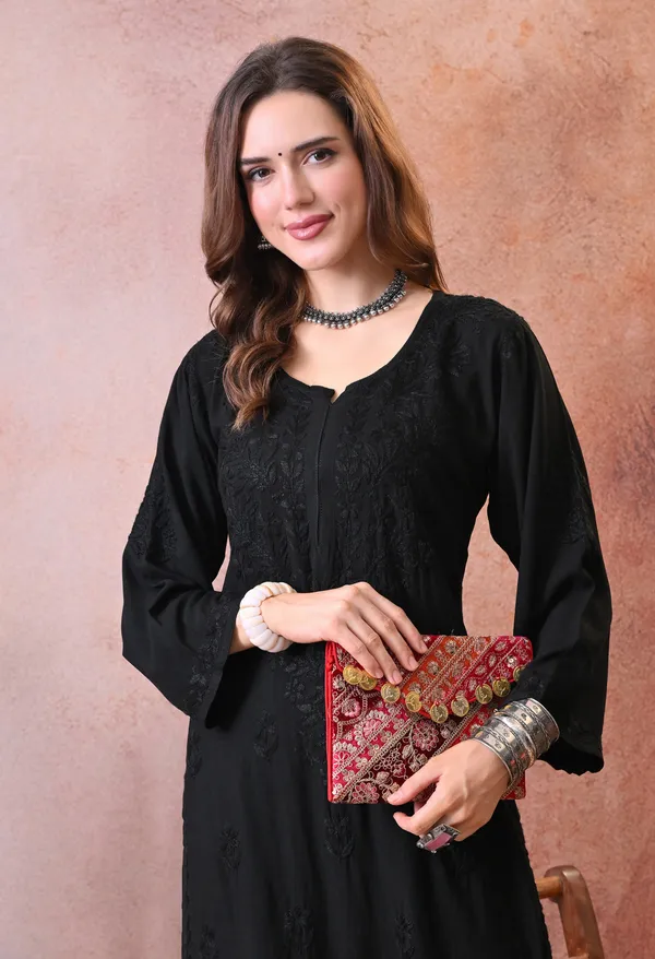 Syrish_Hand_Embroidered_Chikankari_Rayon_Kurta_Pant_Set_Black