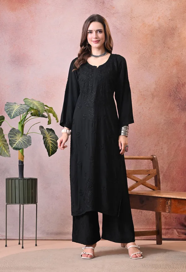 Syrish_Hand_Embroidered_Chikankari_Rayon_Kurta_Pant_Set_Black