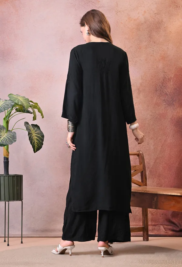 Syrish_Hand_Embroidered_Chikankari_Rayon_Kurta_Pant_Set_Black