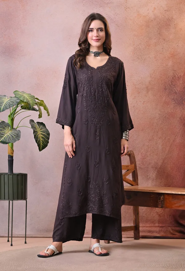 Syrish_Hand_Embroidered_Chikankari_Rayon_Kurta_Pant_Set_Brown