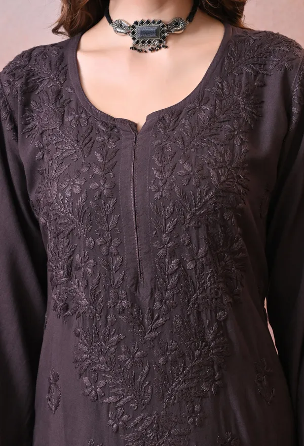 Syrish_Hand_Embroidered_Chikankari_Rayon_Kurta_Pant_Set_Brown