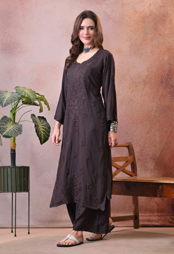 Syrish_Hand_Embroidered_Chikankari_Rayon_Kurta_Pant_Set_Brown