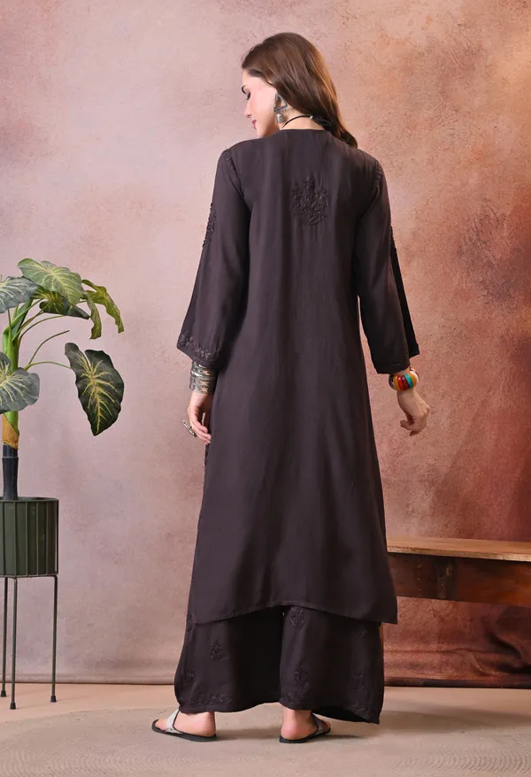 Syrish_Hand_Embroidered_Chikankari_Rayon_Kurta_Pant_Set_Brown