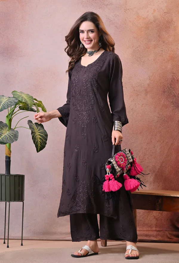 Syrish_Hand_Embroidered_Chikankari_Rayon_Kurta_Pant_Set_Brown