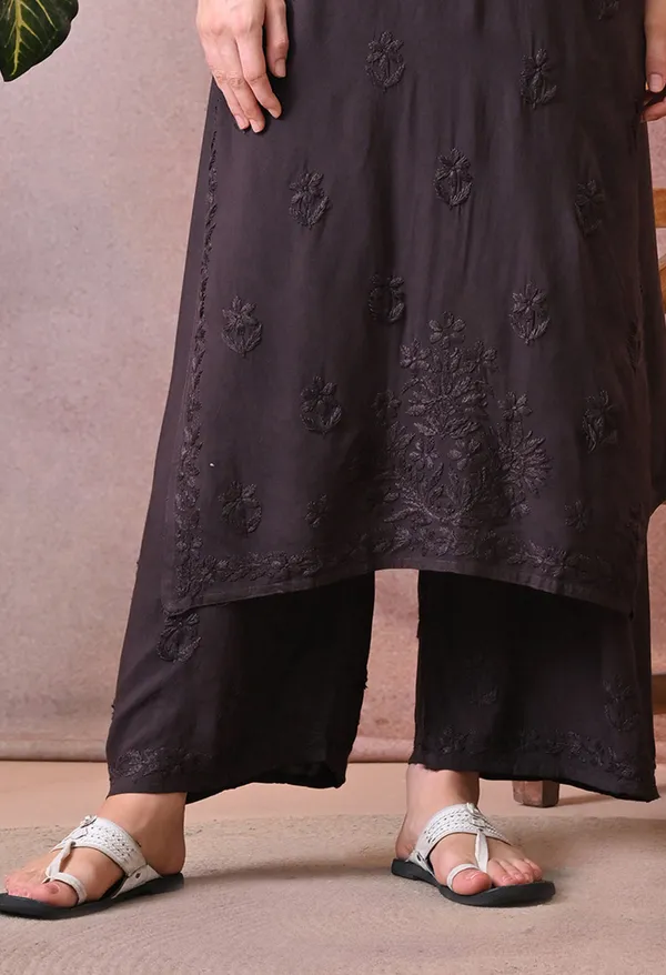 Syrish_Hand_Embroidered_Chikankari_Rayon_Kurta_Pant_Set_Brown