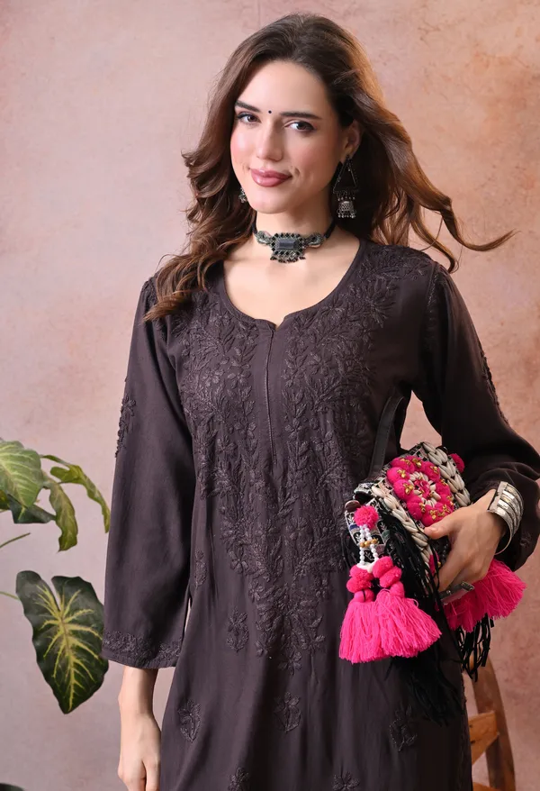 Syrish_Hand_Embroidered_Chikankari_Rayon_Kurta_Pant_Set_Brown