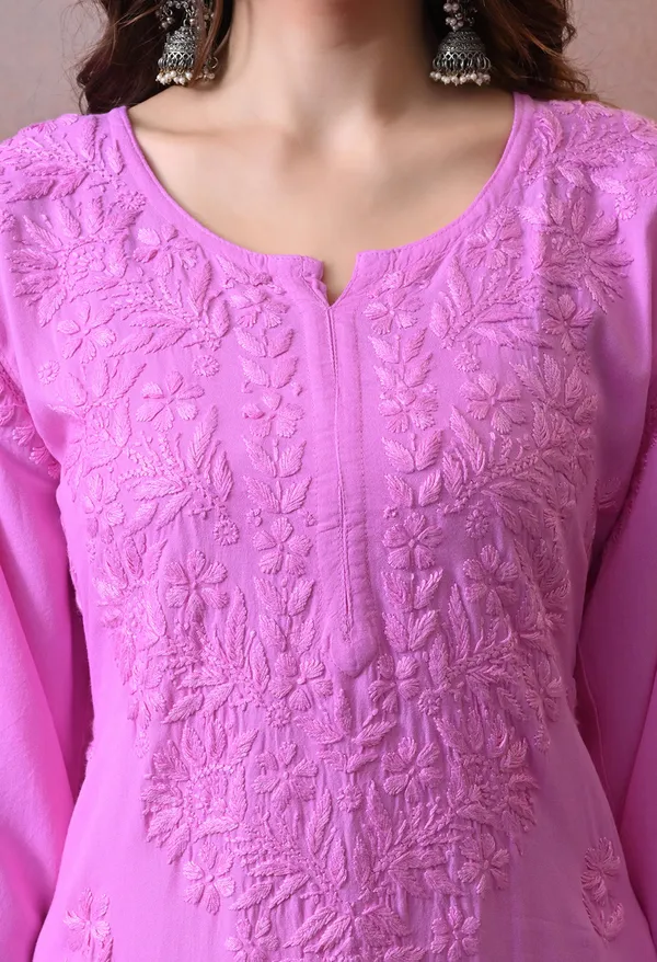 Syrish_Hand_Embroidered_Chikankari_Rayon_Kurta_Pant_Set_Pink