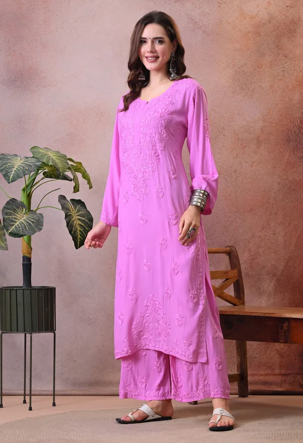 Syrish_Hand_Embroidered_Chikankari_Rayon_Kurta_Pant_Set_Pink