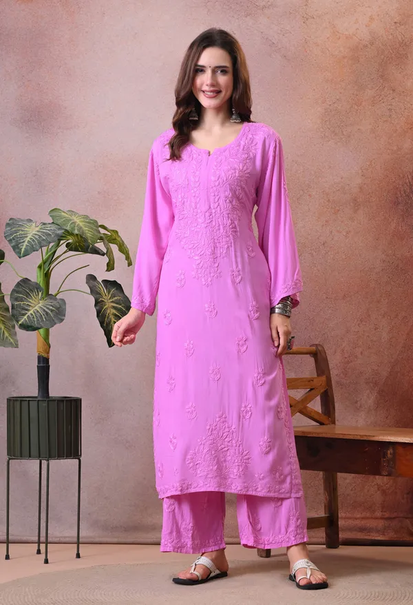 Syrish_Hand_Embroidered_Chikankari_Rayon_Kurta_Pant_Set_Pink