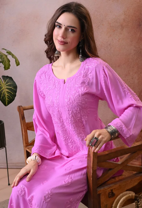 Syrish_Hand_Embroidered_Chikankari_Rayon_Kurta_Pant_Set_Pink