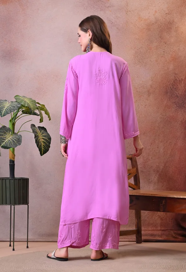 Syrish_Hand_Embroidered_Chikankari_Rayon_Kurta_Pant_Set_Pink