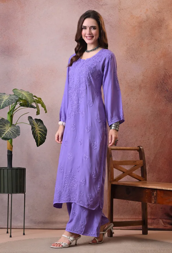 Syrish_Hand_Embroidered_Chikankari_Rayon_Kurta_Pant_Set_Purple
