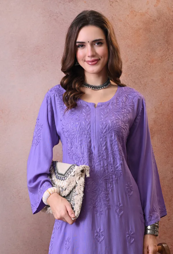Syrish_Hand_Embroidered_Chikankari_Rayon_Kurta_Pant_Set_Purple