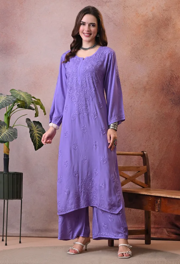 Syrish_Hand_Embroidered_Chikankari_Rayon_Kurta_Pant_Set_Purple