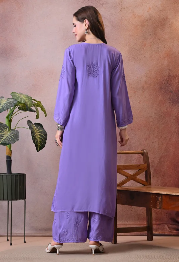 Syrish_Hand_Embroidered_Chikankari_Rayon_Kurta_Pant_Set_Purple