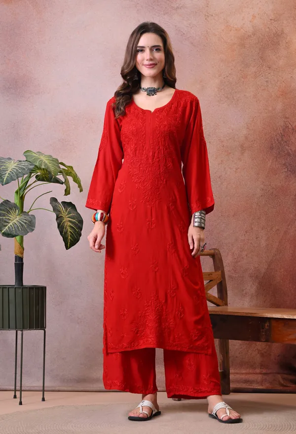 Syrish_Hand_Embroidered_Chikankari_Rayon_Kurta_Pant_Set_Red