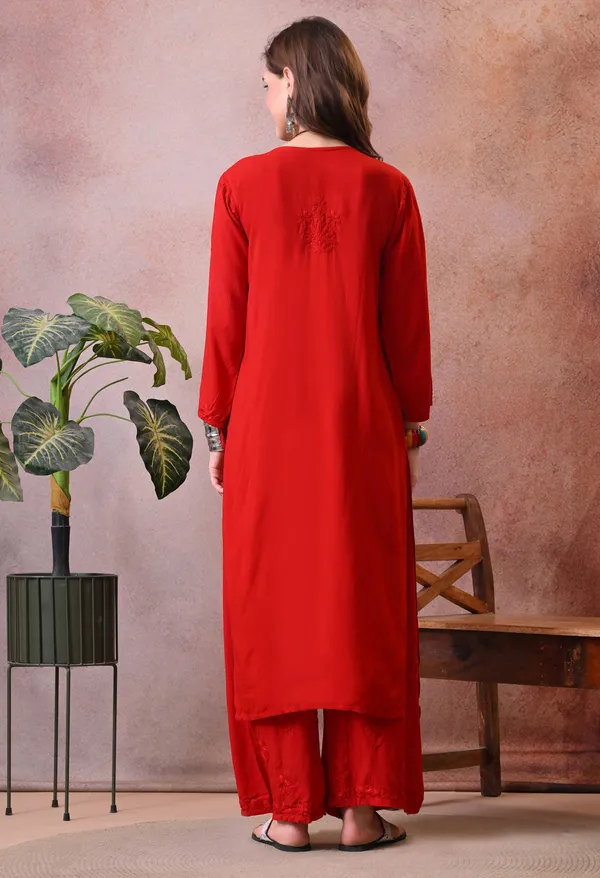 Syrish_Hand_Embroidered_Chikankari_Rayon_Kurta_Pant_Set_Red