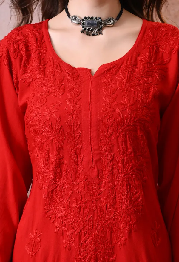 Syrish_Hand_Embroidered_Chikankari_Rayon_Kurta_Pant_Set_Red