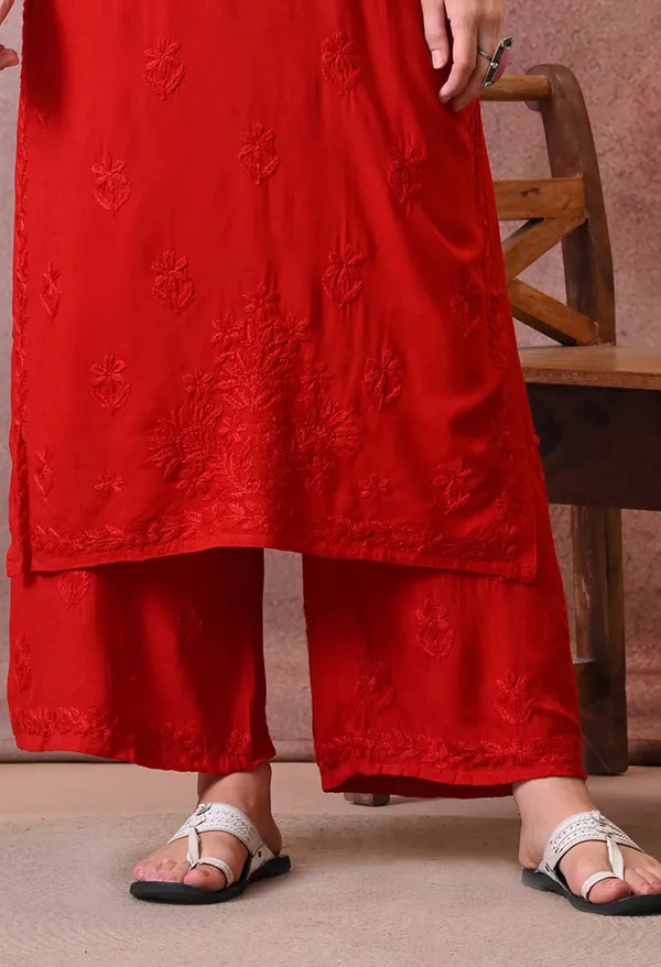 Syrish_Hand_Embroidered_Chikankari_Rayon_Kurta_Pant_Set_Red