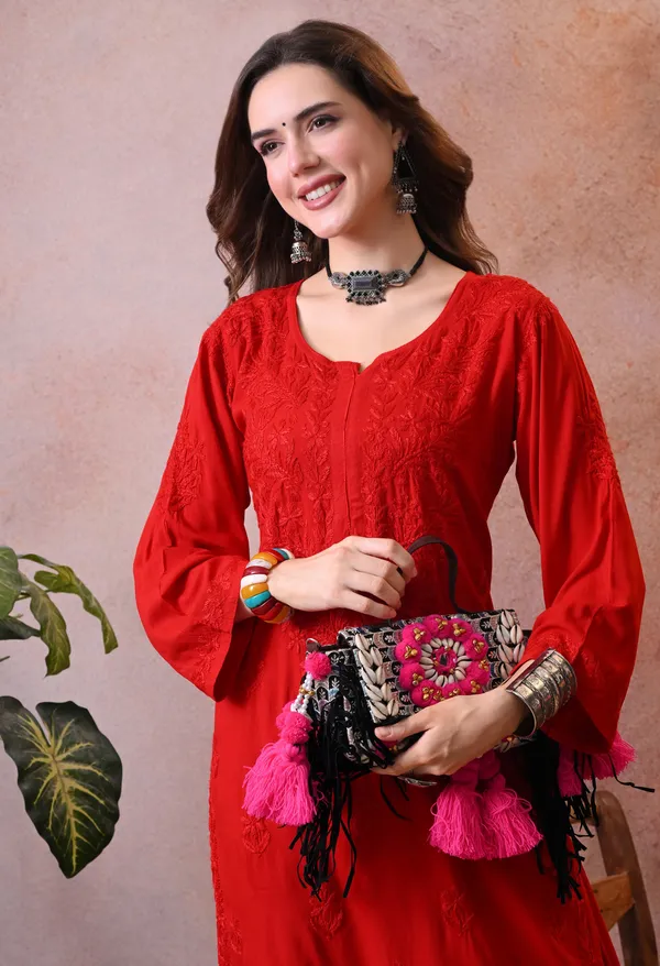 Syrish_Hand_Embroidered_Chikankari_Rayon_Kurta_Pant_Set_Red