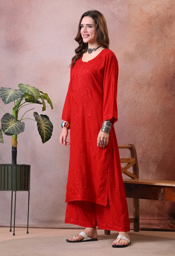 Syrish_Hand_Embroidered_Chikankari_Rayon_Kurta_Pant_Set_Red
