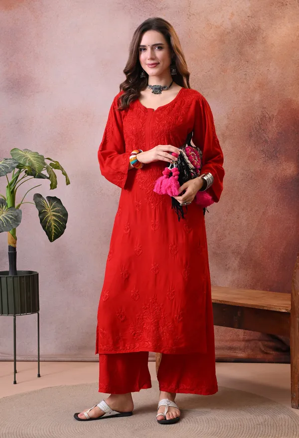 Syrish_Hand_Embroidered_Chikankari_Rayon_Kurta_Pant_Set_Red