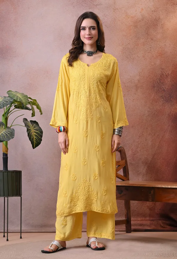 Syrish_Hand_EmbroideYellow_Chikankari_Rayon_Kurta_Pant_Set_Yellow