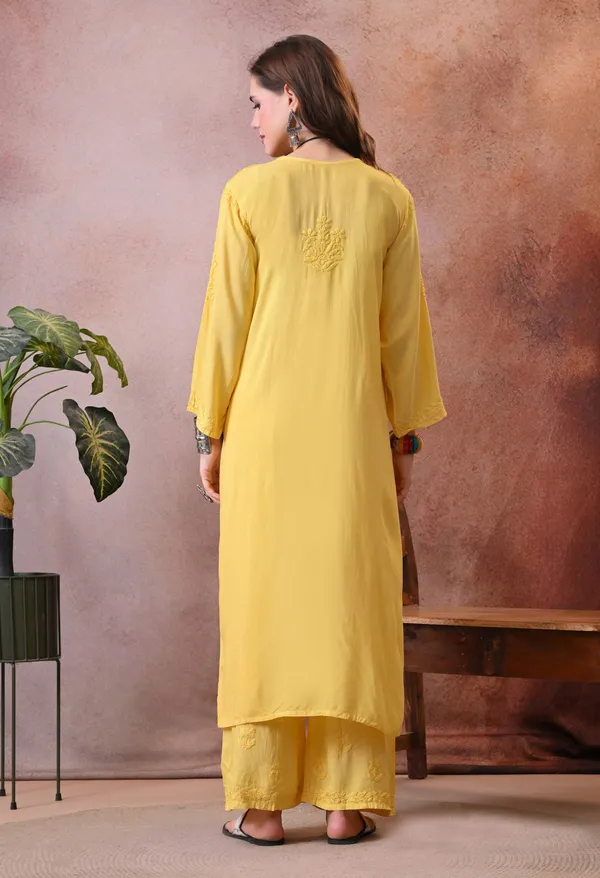 Syrish_Hand_EmbroideYellow_Chikankari_Rayon_Kurta_Pant_Set_Yellow